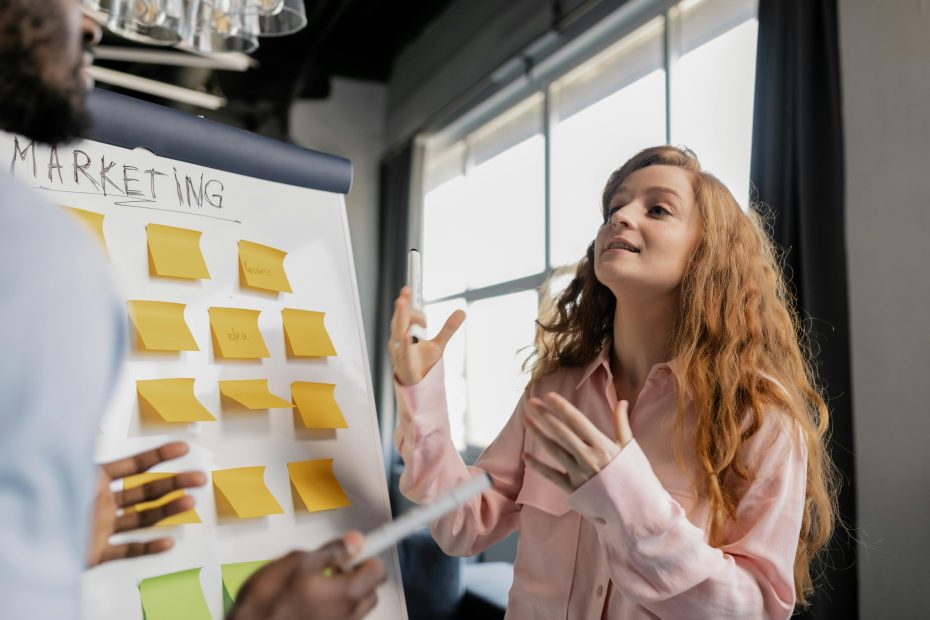 A women presenting some ideas to another person with a board of post-it nots in the background